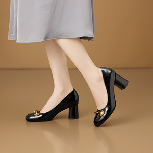 Women's High Heel Formal Shoes 7cm Block Heel Genuine Leather Upper <b>EVA</b> Midsole Rubber Outsole Toe Slip-On Buckle Height - Product Image 5