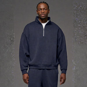 Sudadera de hombre con cremallera corta, azul marino, oversize, de felpa francesa, informal, para otoño - Product Image 1