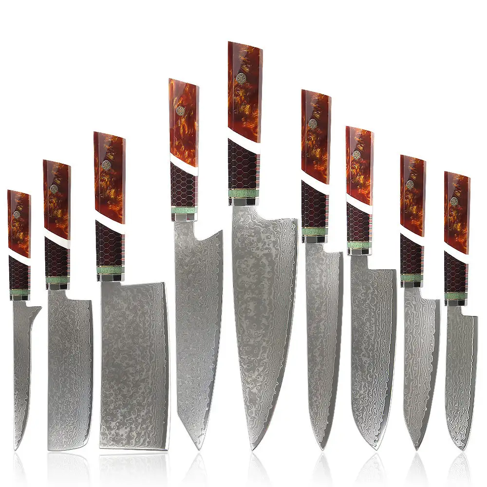 Şam bıçak seti sıcak satış 67 katmanlar japonya vg10 şam mutfak şef nakiri bıçaklar ile petek reçine sekizgen kolu