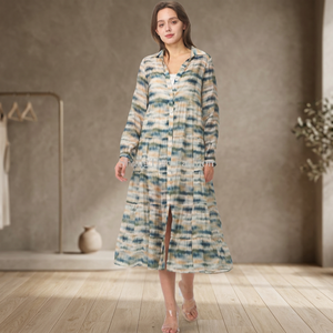 Robe chemise midi décontractée en gaze de coton tissée naturelle unie, coupe ample, à manches longues et boutonnée, blanche, pour femme - Meilleure vente - Product Image 1