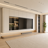 Système mural TV de luxe moderne style crème avec panneau d'extrémité incurvé radial et niche LED intégrée pour la décoration du salon de grande villa