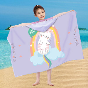 Peignoir <span class=keywords><strong>de</strong></span> <span class=keywords><strong>bain</strong></span> à capuche en microfibre personnalisé pour enfants, serviette <span class=keywords><strong>de</strong></span> plage à capuche pour la natation, vente en gros - Product Image 1