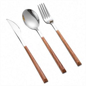 Wholesale Dinner Forks Spoon Travel Flatware <b>Set</b> Wood Grain <b>Plastic</b> Handle Gold Silverware <b>Set</b> Stainless Steel Spoon Knife Fork - Product Image 2
