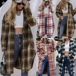 Woolen Plaid Coat Lapel Loose Women's Brushed Plaid Long Coat