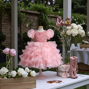 Robes de danse pour filles, vêtements pour enfants, OEM ODM, robes de <span class=keywords><strong>princesse</strong></span> en satin à manches bouffantes pour l'été, bandeau pour la tête, paillettes, pour spectacles de danse - Product Image 2