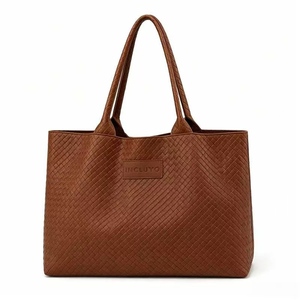 Custom Logo Brown Woven PU Tote Bag Large Capacity Women Fashion Shoulder Handbag Reusable <b>Shopper</b> OEM ODM Manufacturer - Product Image 1