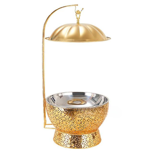 Plat de service rond élégant en acier inoxydable doré de 8 L avec couvercle décoratif suspendu pour la restauration et les mariages - Product Image 1