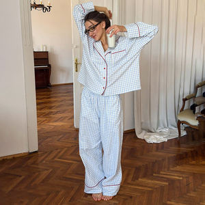 <span class=keywords><strong>Pigiama</strong></span> da <span class=keywords><strong>Donna</strong></span> QINSI in Cotone a Maniche Lunghe, Morbido <span class=keywords><strong>Completo</strong></span> a Quadretti con Bordi Decorativi per Primavera - Product Image 1