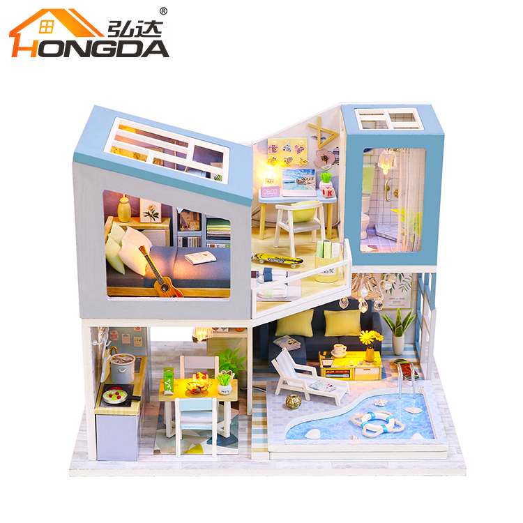 Оптовая продажа, маленькие игрушки для детей, двухэтажный кукольный домик с бассейном и спальней, кухня, миниатюрные домики «сделай сам», кукольный домик