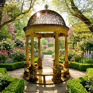 Pavillon de jardin extérieur de luxe en marbre et pierre, style colonne romaine européenne, avec dôme en fer ajouré noir, pour projets hôteliers et de complexes de villégiature - Product Image 6