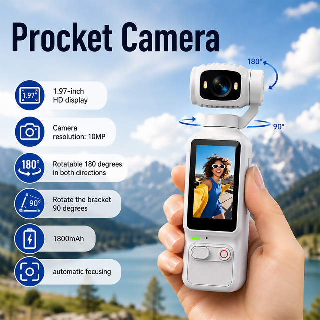 1080P Portable Pocket Gimbal Camera With10MP 180° Rotating Lens 1.97 Inch HD Display Auto Focus Vlogging Camera for Recording