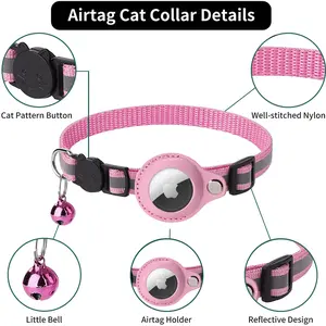 2024 Dropshipping Collar de gato Airtag con características reflectantes Patrón sólido hecho de plástico PU y poliéster