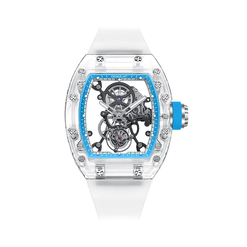 Jam tangan mekanis pria, arloji Mekanikal transparan kristal safir tahan air