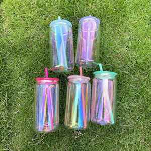 Verre à bière de 16 oz en forme de canette, plaqué arc-en-ciel scintillant, vierge pour sublimation, avec couvercles colorés et paille, pour films UV DTF - Product Image 3