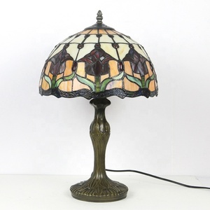Lámpara de Mesa de Vidrio Estilo Tiffany con Flor de Tulipán LongHuiJing, Lámpara de Noche con Pantalla de 12 Pulgadas, Base de Metal, Luces para Dormitorio - Product Image 1