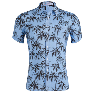 Logo personnalisé coton hommes slim fit à manches courtes bleu plage hawaïenne chemise - Product Image 1