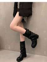 Bottes de cowgirl en daim personnalisées pour femmes, à bout carré, mi-mollet, style slouch, talon bloc épais, plateforme, avec bride à boucle, style western, vente en gros