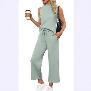 Wholesale <b>Women</b> Breathable Polyester <b>2</b>-<b>Piece</b> Top Pants Set Wide Leg Summer Casual Streetwear <b>Outfit</b> Embroidery Logo - Product Image 4
