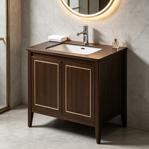 Mueble de Baño Rústico de Madera Maciza con Detalles en Dorado Marrón, Espejo Incluido, 2 Cajones con Cierre Suave, Tiradores Cromados Pulidos, para Colocar en el Suelo - Product Image 5