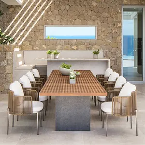 Nuevo estilo Patio jardín restaurante Silla de ratán Hotel muebles de exterior conjunto de madera de teca al aire libre mesa de comedor y silla 6 8 personas