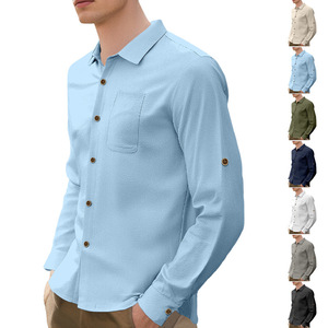 Camisa de manga larga de color sólido para hombre, informal, transpirable, de lino, con botones, color verde oliva, ideal para uso informal. - Product Image 3