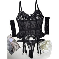 Ensemble de lingerie sexy en dentelle noire pour femmes, style Pure Desire, ensemble 4 pièces avec porte-jarretelles, vêtements de nuit intimes, sous-vêtements