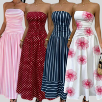 Robe longue sans bretelles pour femmes avec taille plissée, imprimés floraux et rayés, élégante robe de plage d'été pour les vacances