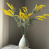 Vente en gros d'usine de fleurs artificielles Mimosa jaune à longues tiges, grandes branches à 3 branches, feuilles argentées