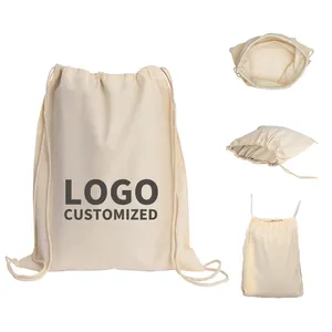Özel Logo ile dayanıklı pamuk büzme ipi Tote seyahat Storge çanta boş düz tuval dize sırt çantası