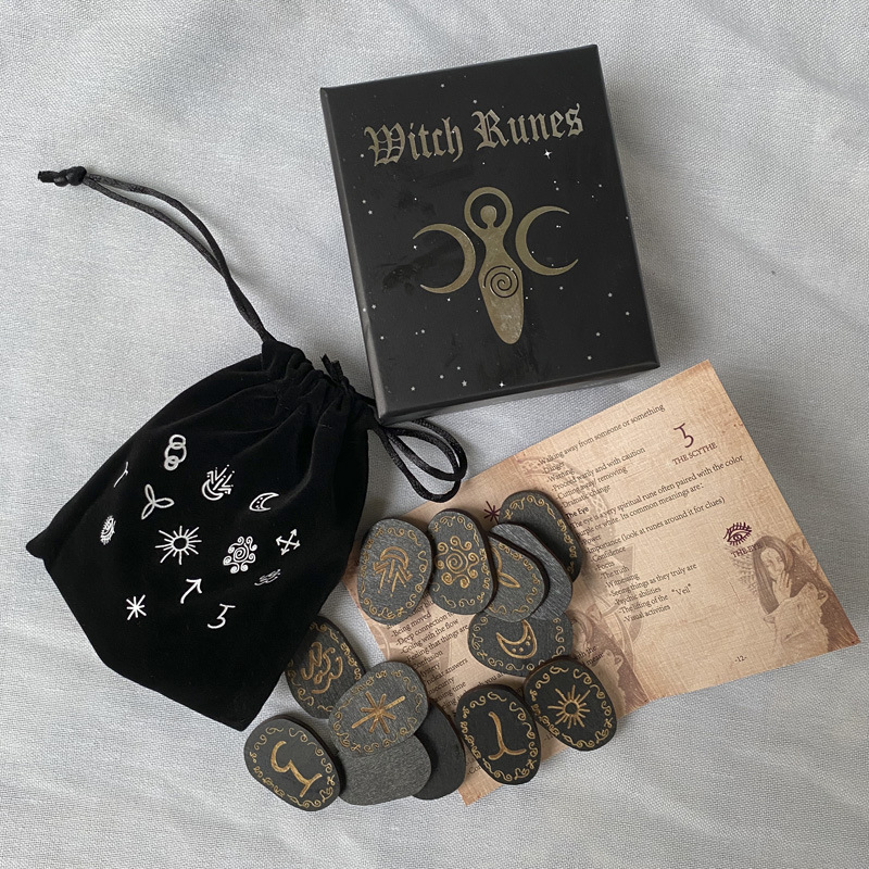Engraved Wood Runes Stone Set - 13 PCS Witch Rune Symbols for