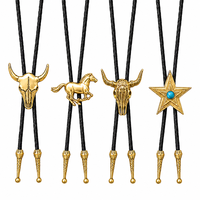 1 pièce Cravate Bolo réglable vintage dorée style western avec crâne de taureau, cheval et étoile, avec pendentif en alliage de zinc et cordon en cuir PU, pour homme et femme