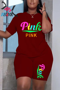 Hot <b>Plus</b> <b>Size</b> 4xl 5xl Women Summer Clothing Outfit Casual Letter pink Print Brand Two Piece Short Set for Women - Product Image 5