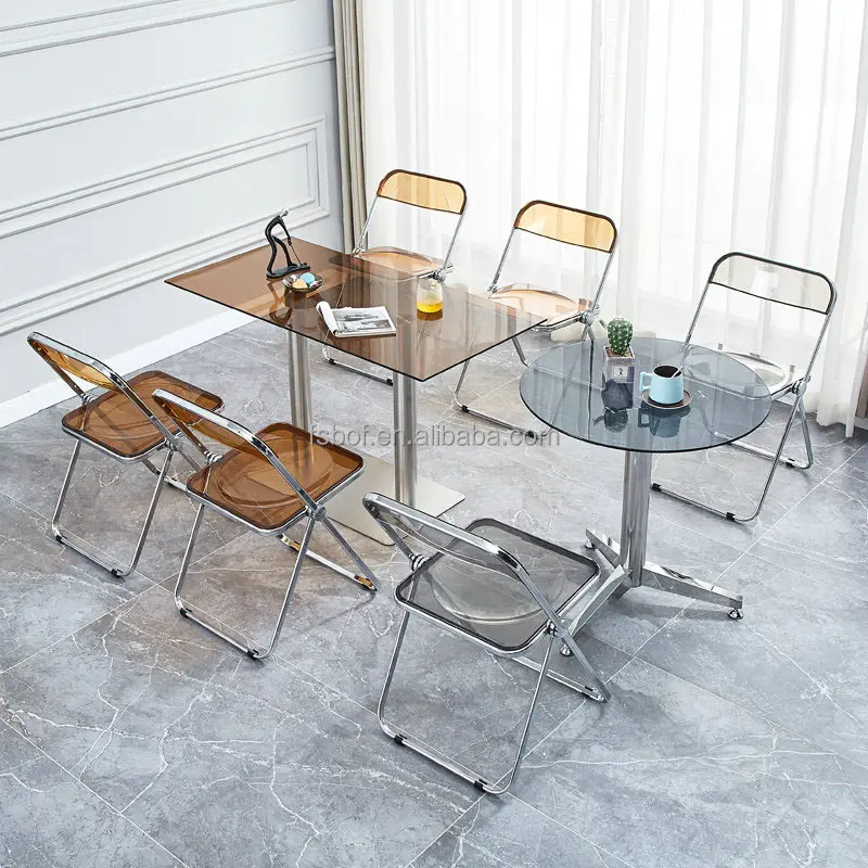 ネットレッドモダンミニマリストスタイルクリスタル折りたたみ椅子ステンレススチール透明ガラスラウンドテーブルコーヒーテーブル