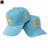 Casquette bleu ciel avec logo personnalisé, emblème brodé or, fabrication de casquettes en gros