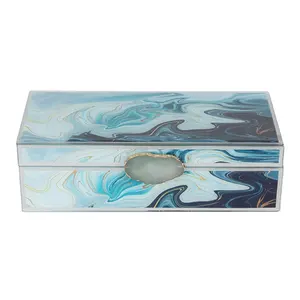 Cheaper Wholesale Blue Marble Rectangle Glass Gift Jewelry box With Amber Stones for Home Decoration