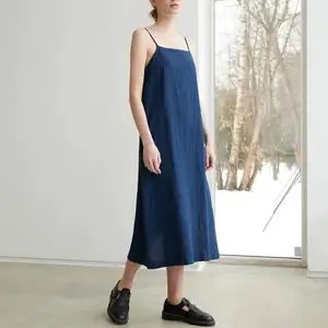 OEM Cheap Chic Summer A-Line Sleeveless Solid Loose Modest Halter Neck Casual Midi Blue Women's Linen Cotton Dress High Quality
