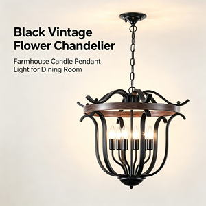 Lampadario Vintage a 6 Luci in Ferro Battuto, <span class=keywords><strong>Metallo</strong></span> Nero con Anello Effetto Legno, Lampada a Sospensione a Candela per Ingresso e Corridoio - Product Image 1