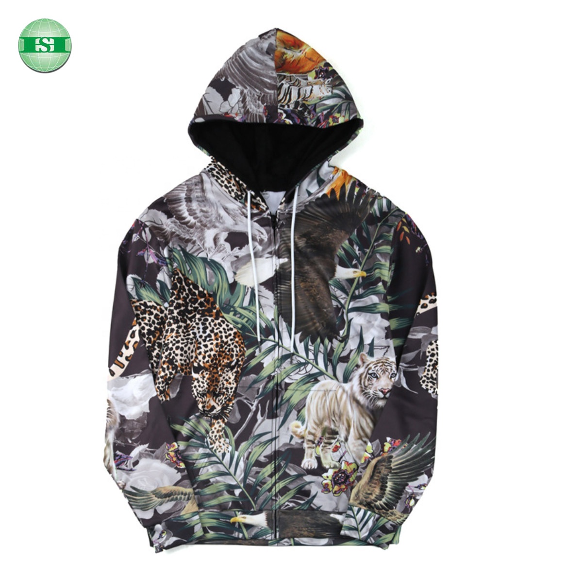 Custom Made Grafische Luipaard Tijger Dier Drie Vogels Bos Print Man Vrouw Hoodies Rits Up Pull Over