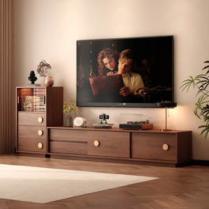 Meuble TV en noyer de style Mid-century moderne avec poignées rondes en bois, buffet de rangement grande capacité pour projets résidentiels - Product Image 1