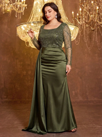 Nouvelles arrivées : Robe de soirée grande taille pour femme, col carré, manches longues, patchwork satiné à sequins, pour mariage et soirée printanière