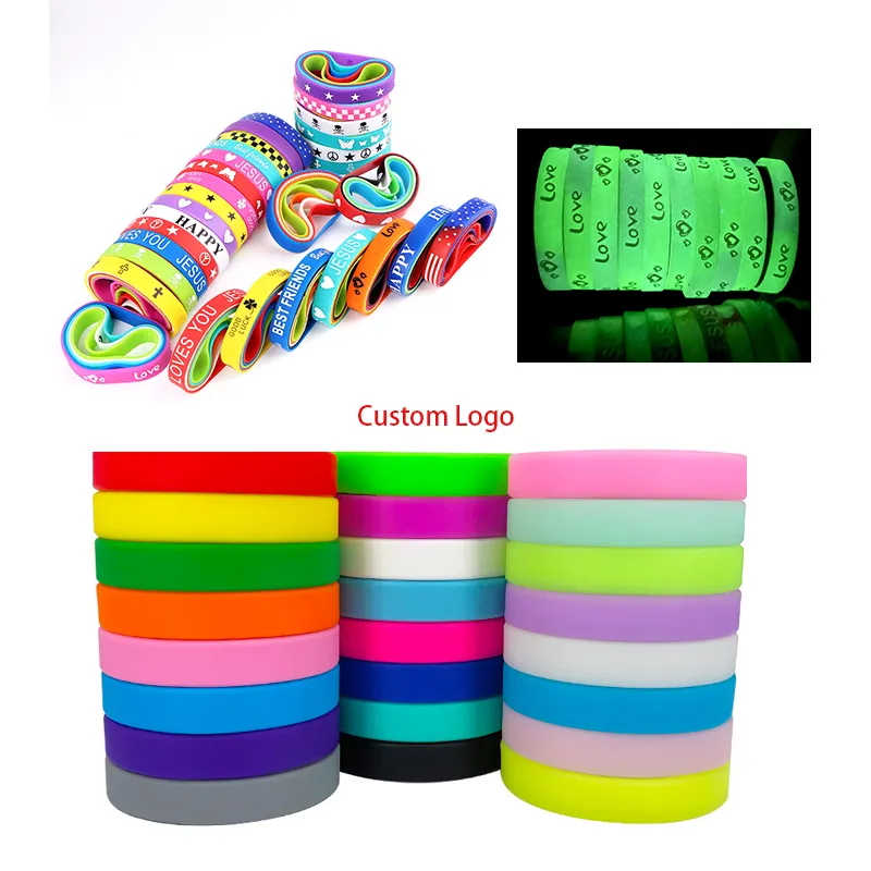 Party supplies print bileklik rubber luminous wrist band sports bracelet strap silicone promotional wristband with logo custom