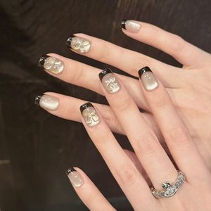 Cristal triturado piedra frijol pasta gris negro francés uñas parches, Ojo de Gato arte de uñas, <span class=keywords><strong>manicura</strong></span> hecha a mano - Product Image 1