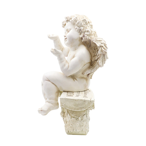 Statua in Resina di Cherubino che Saluta da una Panchina, Bianco Antico, Piccola Figurina d'Angelo, Scultura Decorativa per Giardino - Product Image 3