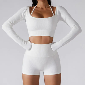 Joyyoung, Top de Yoga acanalado, trajes deportivos para <span class=keywords><strong>mujer</strong></span>, sujetador, conjunto de entrenamiento de manga larga, trajes de gimnasio para <span class=keywords><strong>mujer</strong></span>, medias, <span class=keywords><strong>Kit</strong></span> para <span class=keywords><strong>mujer</strong></span> - Product Image 6