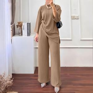 Ensemble HANO pour femmes musulmanes, haut à manches longues et pantalon large, couleur unie, style décontracté arabe turc, ensemble simple 2 pièces - Product Image 5