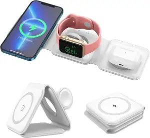 Portable 15W Fast Charging Pad Desk Dock Station Magnetic Wireless Charger For Airpods Iwatch Phone 3 In 1 Foldable Charger