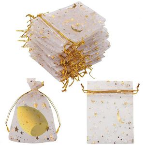 Bolsa de Organza Plateada con Estampado Dorado 9x12cm, Bolsa de Malla con Estrellas y Luna con Cordón, Elegante Embalaje para Joyas y Pendientes para Regalo - Product Image 6