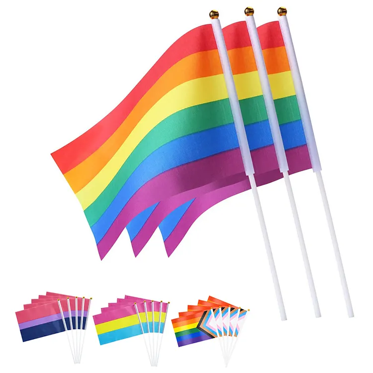 Wholesale Polyester Mini Small Hand Held Waving Flag Rainbow Transgender Lgbtq Intersex Progress Pride Flags