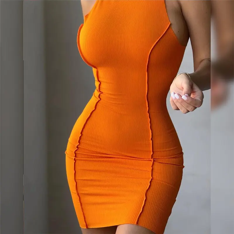 Women's round neck sleeveless solid color fashion slim plain butt-Lift stitching one piece casual dresses