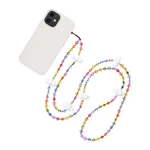 KKBEAD Chaîne de téléphone portable en acrylique femme plat blanc nuage tissé arc-en-ciel perlé